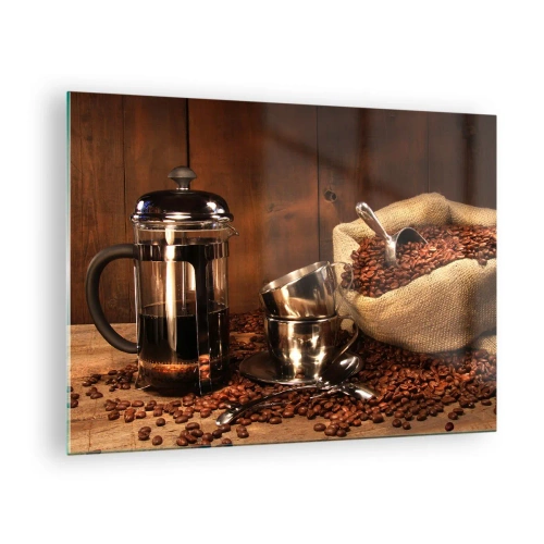 Impression sur verre - Image sur verre - Cafetière, tasses et un sac de grains de café - 70x50cm - Le charme du café - arôme et goût - Décoration murale moderne pour le salon et la chambre ARTTOR