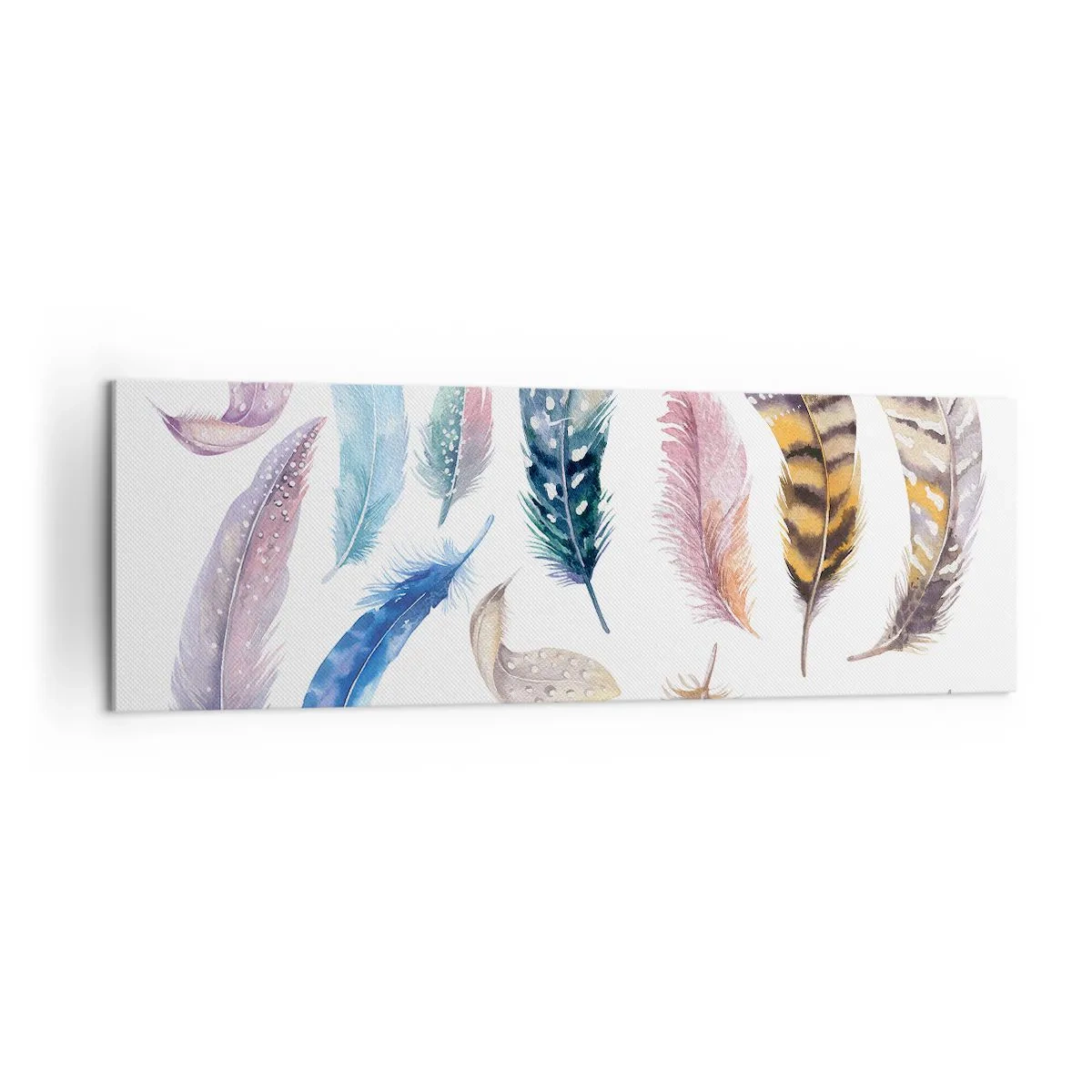Impression sur toile - Image sur toile - Plumes colorées dans un style aquarelle délicat - 160x50cm - Léger, bariolé et multicolore - Décoration murale moderne pour le salon et la chambre ARTTOR
