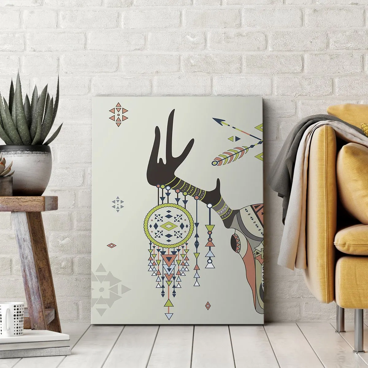 Impression sur toile - Image sur toile - Décoration bohème avec crâne de cerf et attrape-rêves - 70x100cm - Trophée du chasseur indien - Décoration murale moderne pour le salon et la chambre ARTTOR