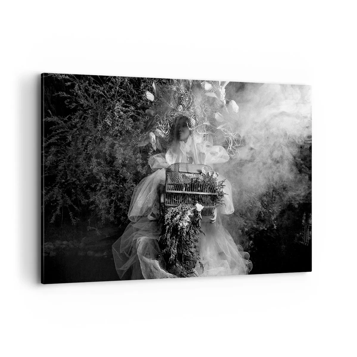Impression sur toile - Image sur toile - Une composition en noir et blanc avec une figure en robe et une cage dans le brouillard. - 120x80cm - Tout simplement Mère Nature - Décoration murale moderne pour le salon et la chambre ARTTOR