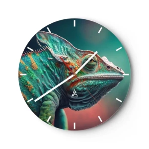 Horloge murale - Pendule murale - Gros plan d'un caméléon coloré sur un fond vert et rose. - 30x30cm - Vous me voyez? Pas bien… - Décoration murale moderne pour le salon, la cuisine et la chambre ARTTOR