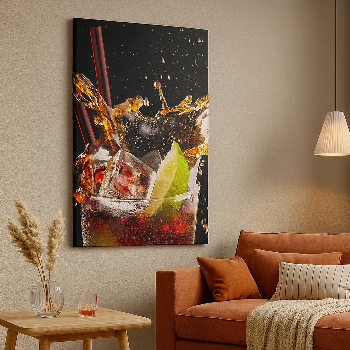 Impression sur toile - Image sur toile - Un verre de boisson, citron vert et glace au moment des éclaboussures dynamiques - 50x70cm - Joie et énergie des couleurs - Décoration murale moderne pour le salon et la chambre ARTTOR