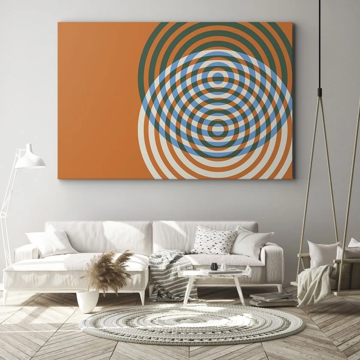 Impression sur toile - Image sur toile - Cercles concentriques sur fond orange - 70x50cm - Variation circulaire abstraite - Décoration murale moderne pour le salon et la chambre ARTTOR