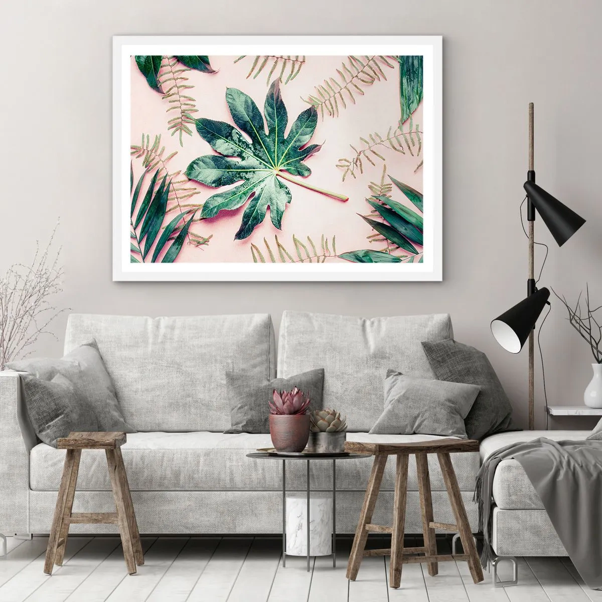 Affiche dans un cadre blanc - Poster - Étude de verdure sur fond rose - 91x61 cm