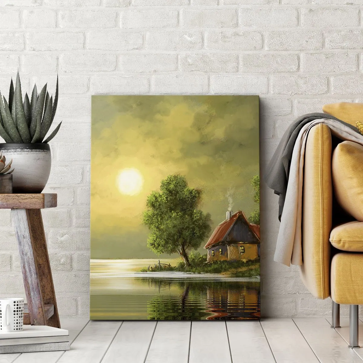 Impression sur toile - Image sur toile - Maison au bord du lac dans la lumière du coucher du soleil - 50x70cm - Beau, comme une image - Décoration murale moderne pour le salon et la chambre ARTTOR