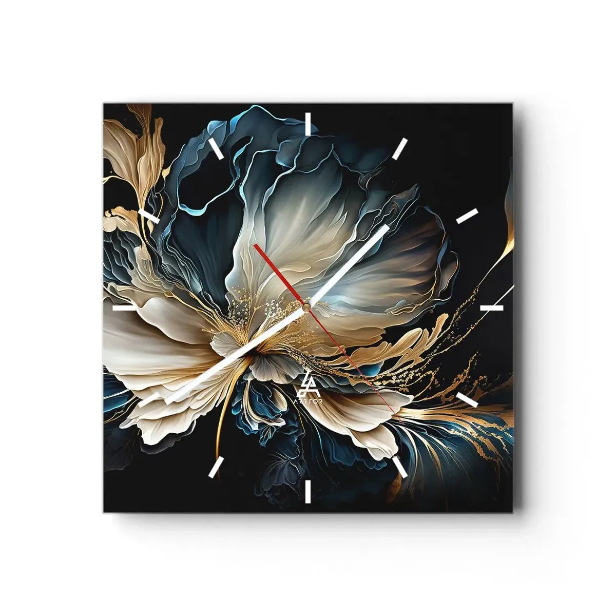 Horloge murale - Pendule murale - Une fleur dans les tons or et bleu marine sur fond noir - 30x30cm - Fleur de fougère de conte de fées - Décoration murale moderne pour le salon et la chambre ARTTOR