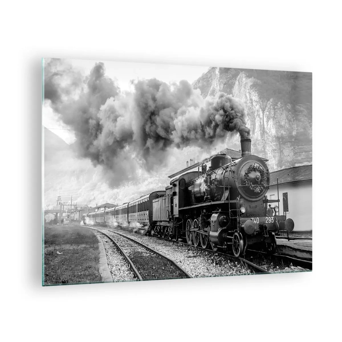 Impression sur verre - Image sur verre - Un vieux train à vapeur dans un paysage de montagne - 70x50cm - Attend à la gare... - Décoration murale moderne pour le salon et la chambre ARTTOR