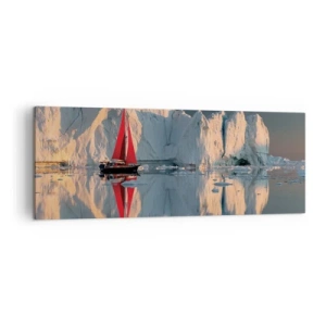 Impression sur toile - Image sur toile - Un voilier avec une voile rouge sur fond de glacier - 140x50cm - Aux limites du monde - Décoration murale moderne pour le salon et la chambre ARTTOR