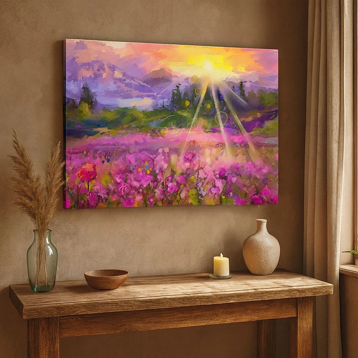 Impression sur toile - Image sur toile - Une prairie pittoresque sous les rayons du soleil couchant - 70x50cm - Dans la vallée à l'abri du soleil - Décoration murale moderne pour le salon et la chambre ARTTOR