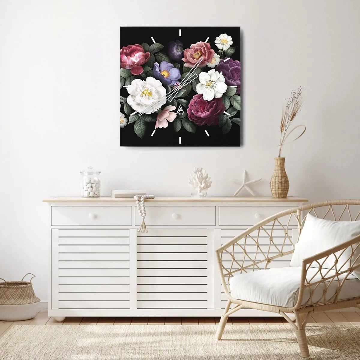 Horloge murale - Pendule murale - Fleurs de différentes couleurs sur fond noir - 30x30cm - D'un jardin anglais - Décoration murale moderne pour le salon et la chambre ARTTOR