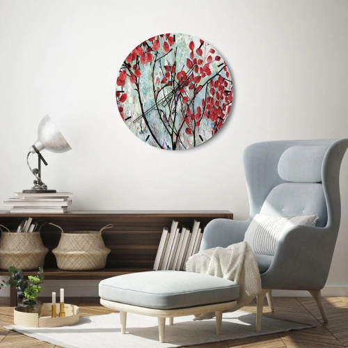 Horloge murale - Pendule murale - Branches avec des feuilles rouges sur un fond peint - 30x30cm - Arbre en écarlate - Décoration murale moderne pour le salon, la cuisine et la chambre ARTTOR