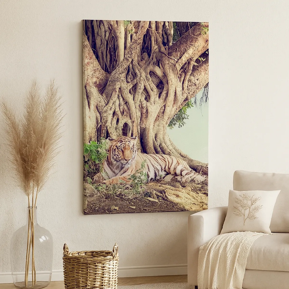 Impression sur toile - Image sur toile - Un tigre se reposant sous un arbre étendu - 50x70cm - Vue du Livre de la Genèse - Décoration murale moderne pour le salon et la chambre ARTTOR