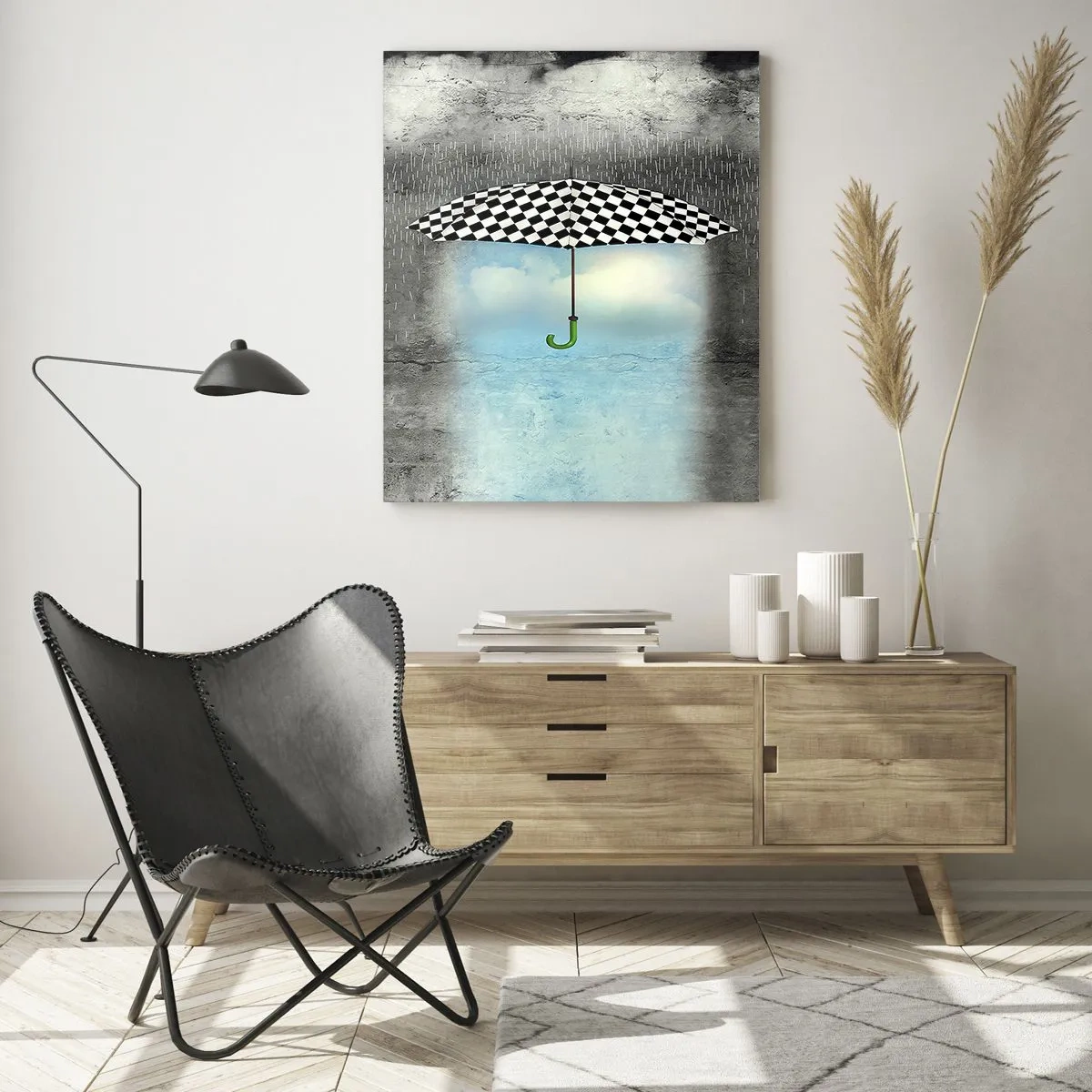 Impression sur verre - Image sur verre - Un parapluie à carreaux noir et blanc sur fond de pluie et de nuages - 50x70cm - Et pourtant c'est possible - Décoration murale moderne pour le salon et la chambre ARTTOR