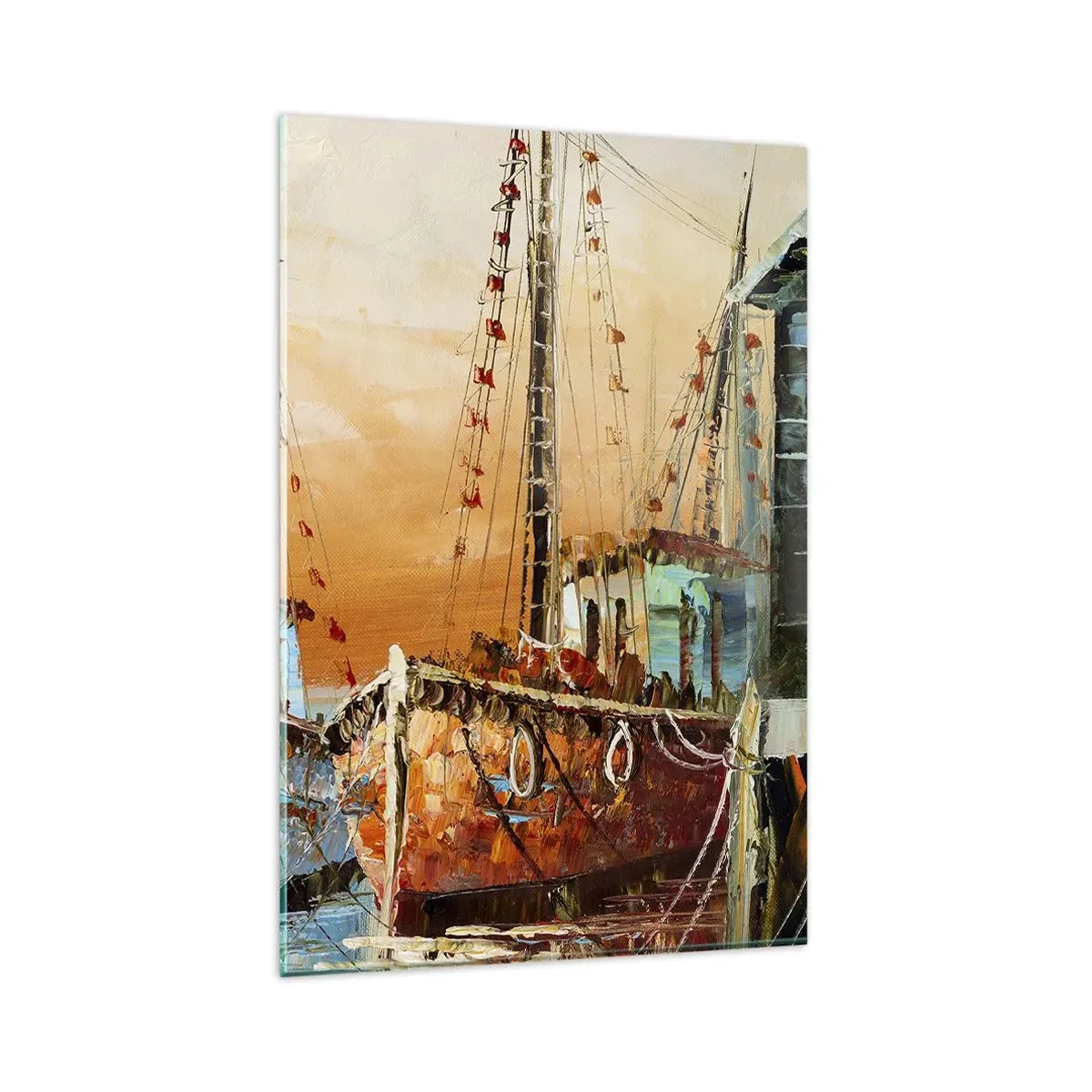 Impression sur verre - Image sur verre - Bateaux sur le rivage dans la chaude lumière du coucher de soleil - 80x120cm - Retour tranquille - Décoration murale moderne pour le salon et la chambre ARTTOR