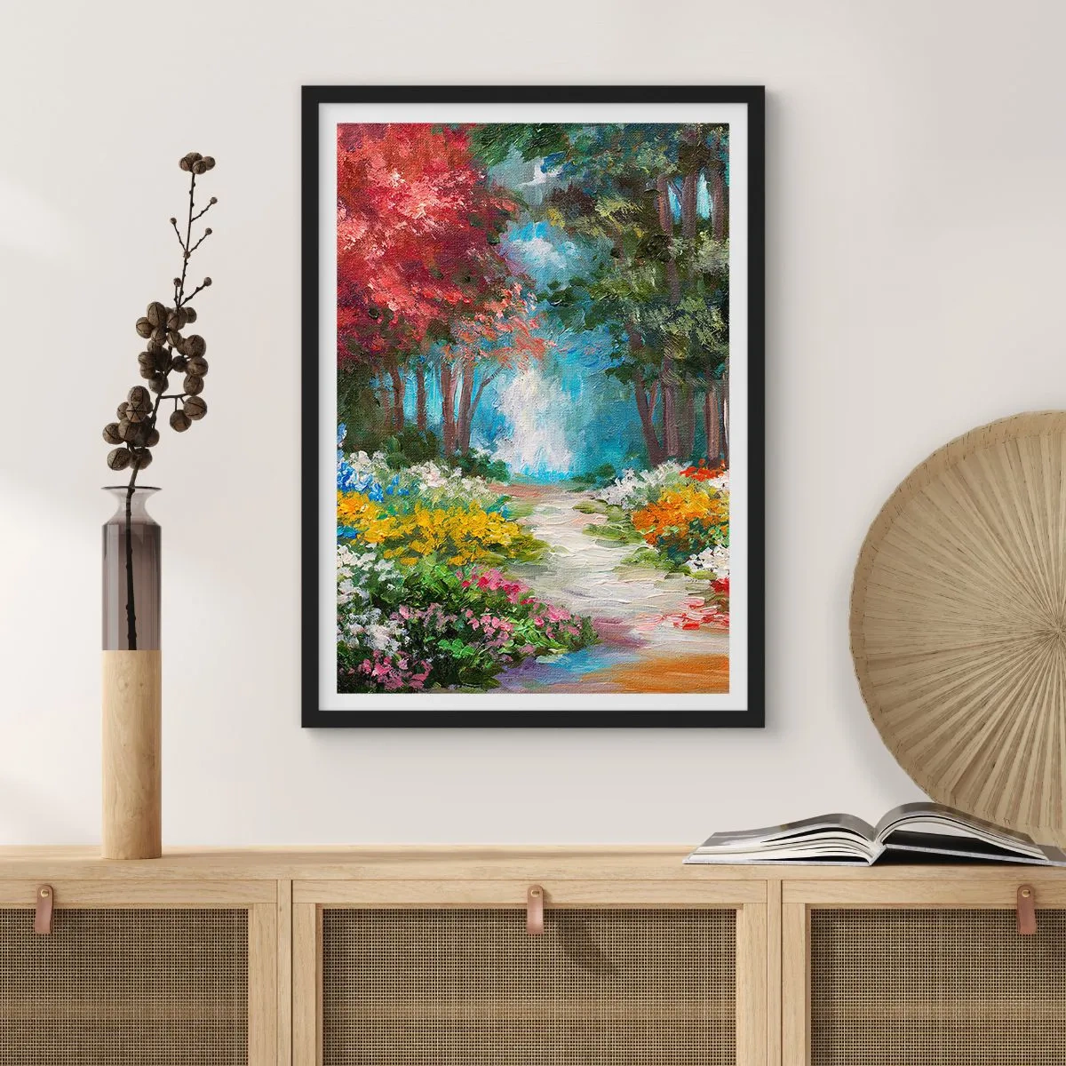 Affiche dans un cadre noir - Poster - Jardin forestier, forêt de fleurs - 30x40 cm