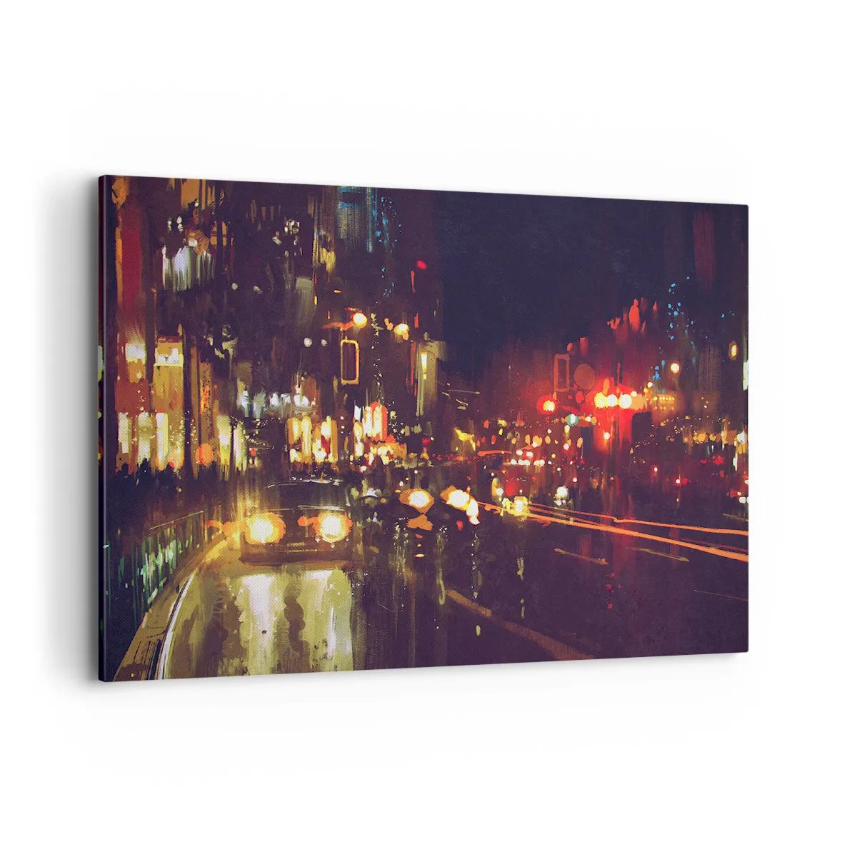 Impression sur toile - Image sur toile - Scène de ville nocturne avec des lumières colorées et des reflets dans la rue - 100x70cm - Immergé dans les lumières de la nuit - Décoration murale moderne pour le salon et la chambre ARTTOR