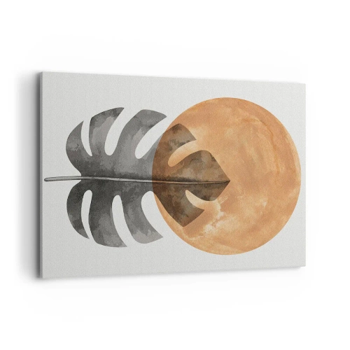 Impression sur toile - Image sur toile - Feuille de Monstera et cercle doré sur fond clair - 100x70cm - Toujours le soleil - Décoration murale moderne pour le salon et la chambre ARTTOR