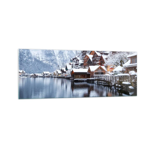 Impression sur verre - Image sur verre - Vue hivernale d'un village de montagne au bord du lac - 140x50cm - En décoration hivernale - Décoration murale moderne pour le salon et la chambre ARTTOR