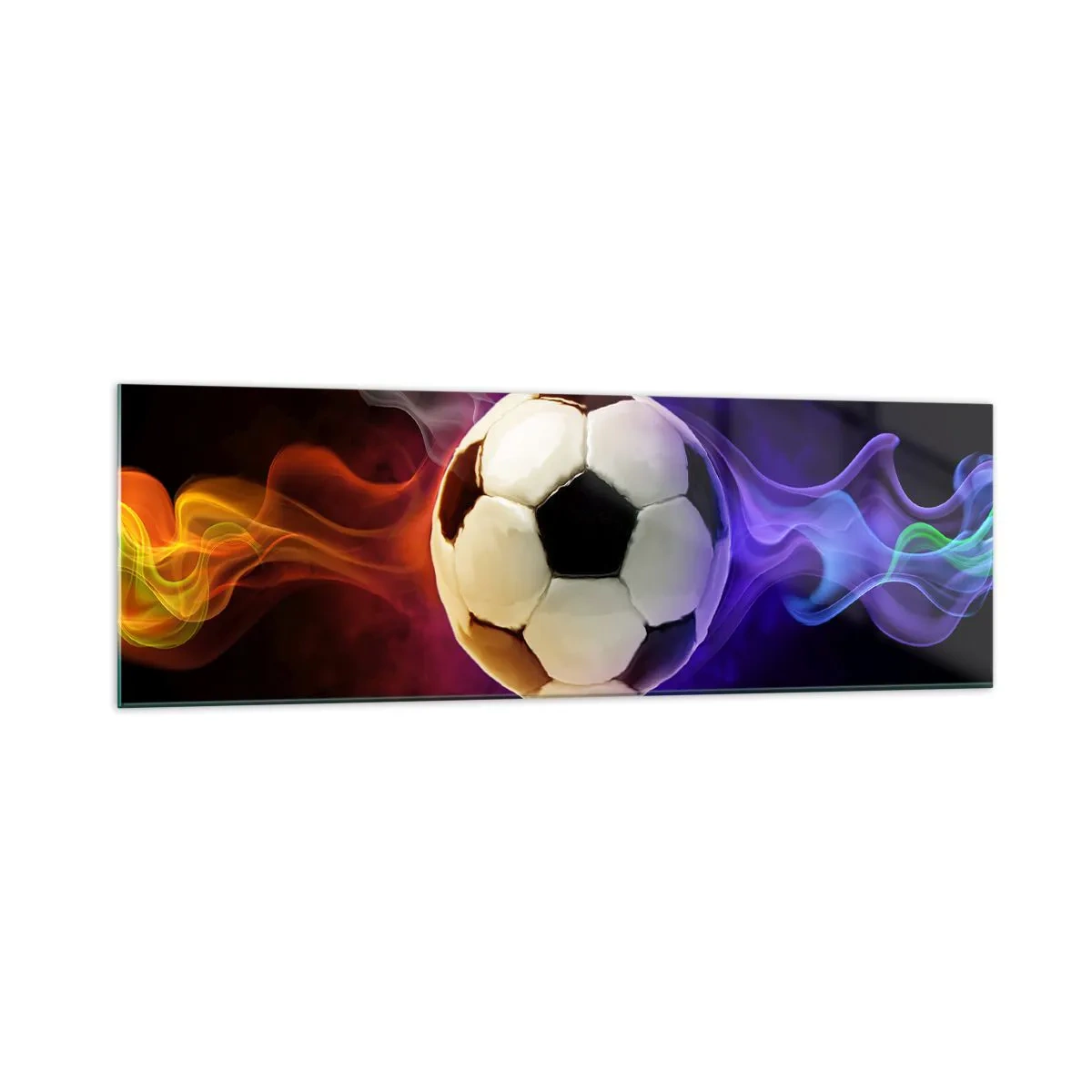 Impression sur verre - Image sur verre - Un ballon de football entouré d'effets de fumée colorés sur un fond sombre. - 160x50cm - Le pouvoir magique du jeu - Décoration murale moderne pour le salon et la chambre ARTTOR