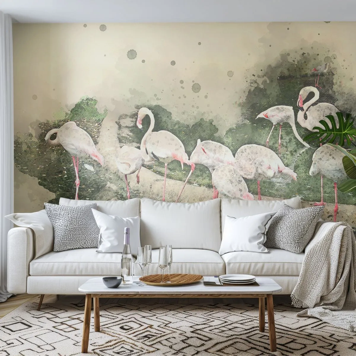 Papier Peint Photo Standard Eco - Un groupe de flamants roses au bord de l'eau dans un style aquarelle artistique. - 100x70cm - Rêve exotique - Décoration murale moderne pour le salon et la chambre ARTTOR
