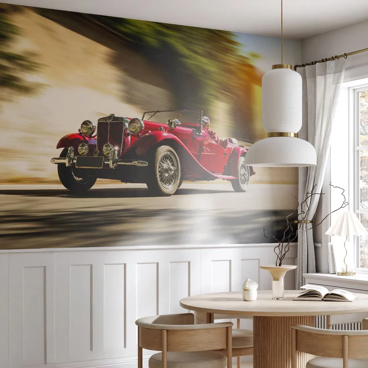 Papier Peint Photo Premium Sand - Un cabriolet classique rouge en mouvement dynamique - 100x70cm - Plus belle que Nike de Samothrace - Décoration murale moderne pour le salon et la chambre ARTTOR
