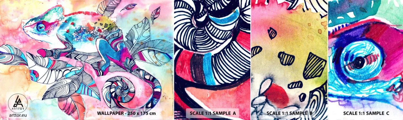 Échantillon De Papier Peint Standard Eco - Aussi coloré que notre monde - Caméléon, Abstraction, Nature - 100x30 cm