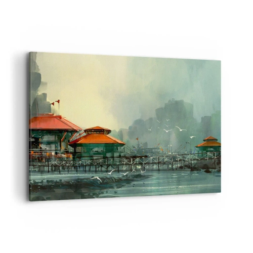 Impression sur toile - Image sur toile - Bâtiments portuaires dans un paysage pluvieux avec des mouettes - 100x70cm - Une journée ensoleillée au port - Décoration murale moderne pour le salon et la chambre ARTTOR