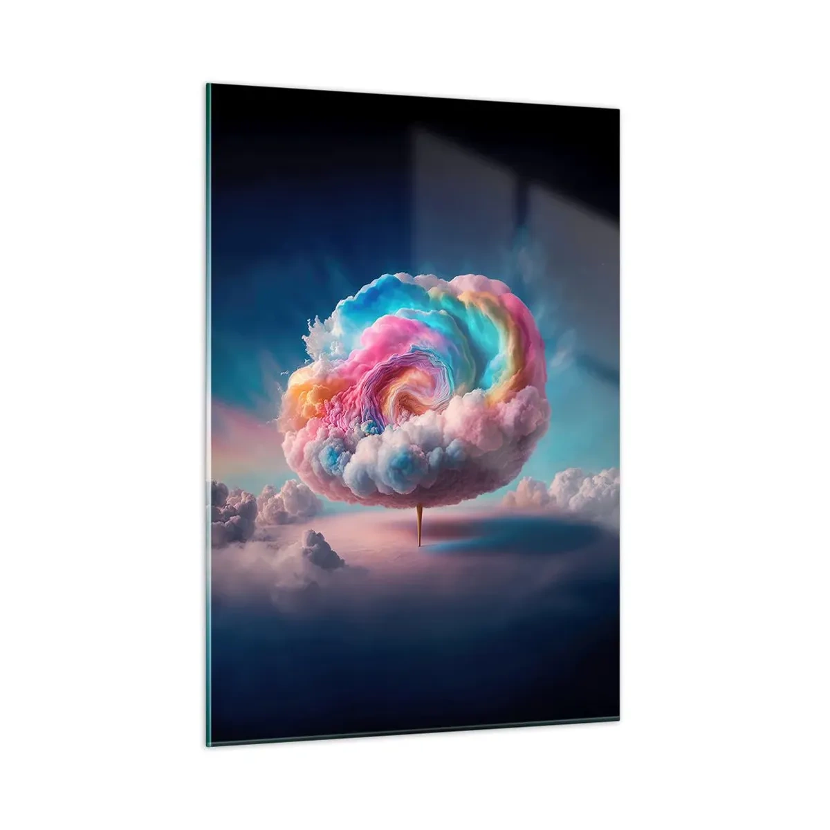 Impression sur verre - Image sur verre - Un nuage fantaisiste aux couleurs pastel ressemblant à de la barbe à papa. - 50x70cm - Le rêve d'un parc d'attractions - Décoration murale moderne pour le salon et la chambre ARTTOR