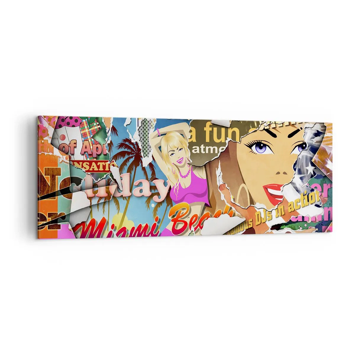 Impression sur toile - Image sur toile - Un collage coloré avec des éléments rétro et pop art. - 140x50cm - Souvenirs de vacances - Décoration murale moderne pour le salon et la chambre ARTTOR