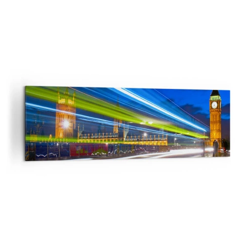 Impression sur toile - Image sur toile - Big Ben la nuit avec l'effet des lumières dans la circulation routière - 160x50cm - Sous l'œil de Big Ben - Décoration murale moderne pour le salon et la chambre ARTTOR