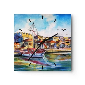 Horloge murale - Pendule murale - Un port pittoresque avec un bateau et des bâtiments colorés - 30x30cm - Après-midi arc-en-ciel - Décoration murale moderne pour le salon et la chambre ARTTOR