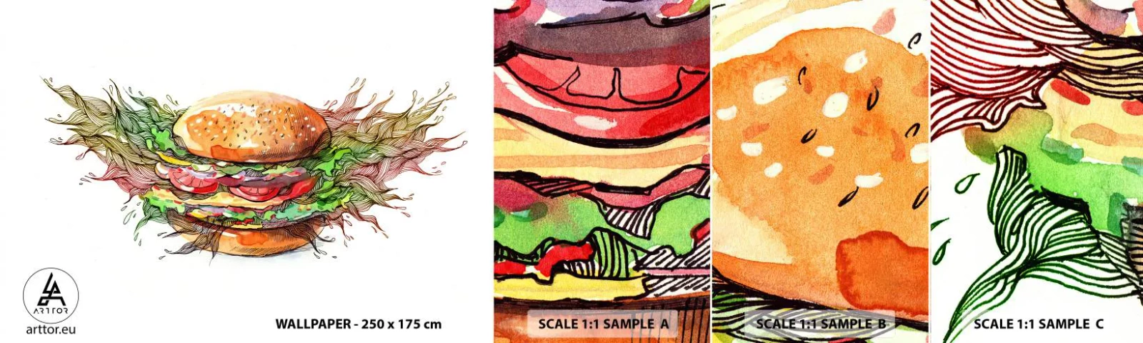 Échantillon de Papier Peint Autocollant Deluxe Sticker - Tentation chaude - La gastronomie, Hamburger, Culinaire - 100x30 cm