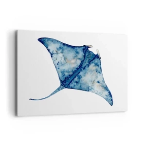 Impression sur toile - Image sur toile - Raie bleue à l'aquarelle sur fond blanc - 100x70cm - La vie en bleu - Décoration murale moderne pour le salon et la chambre ARTTOR