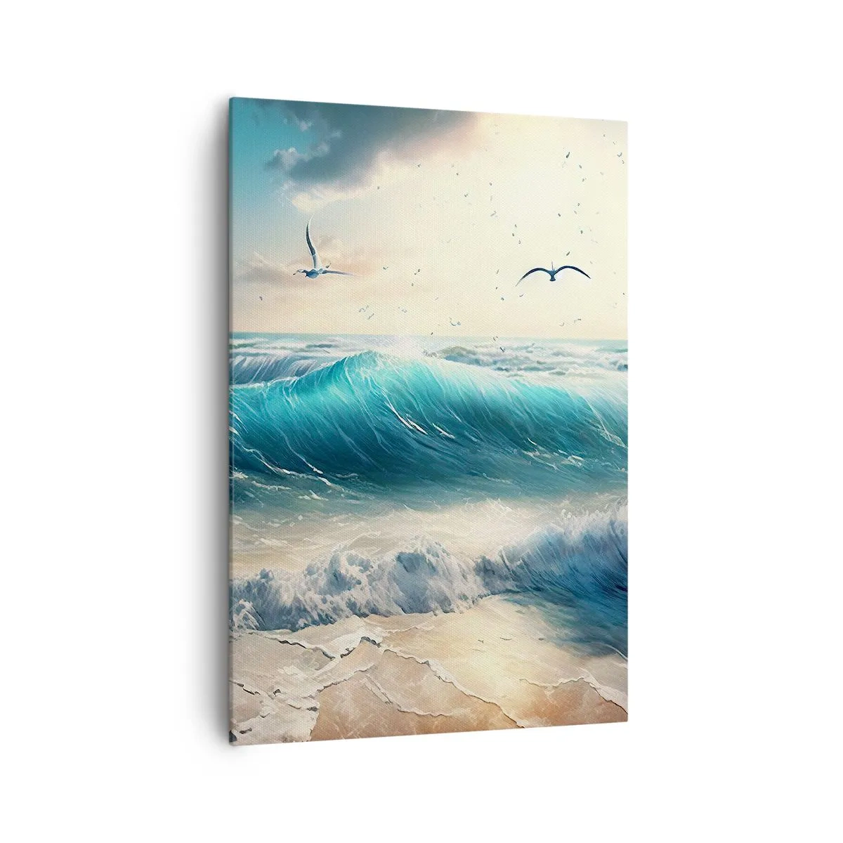 Impression sur toile - Image sur toile - Vagues de la mer sur la plage sous un ciel bleu avec des mouettes - 70x100cm - Ça bourdonne seulement pour toi - Décoration murale moderne pour le salon et la chambre ARTTOR