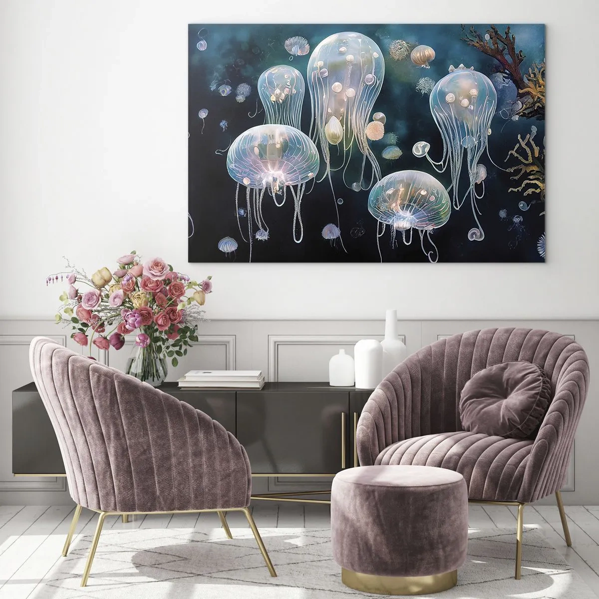 Impression sur verre - Image sur verre - Les méduses dans la danse lumineuse du monde sous-marin - 100x70cm - Ballon sous-marin - Décoration murale moderne pour le salon et la chambre ARTTOR