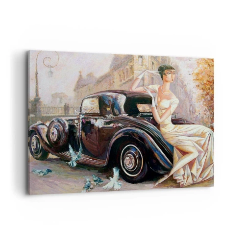 Impression sur toile - Image sur toile - Femme rétro à côté d'une voiture classique - 100x70cm - L'élégance dans un style rétro - Décoration murale moderne pour le salon et la chambre ARTTOR