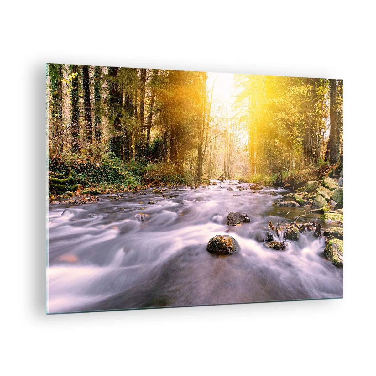 Impression sur verre - Image sur verre - Ruisseau forestier au soleil - 70x50cm - Malachite dans un cadre argent et or - Décoration murale moderne pour le salon et la chambre ARTTOR