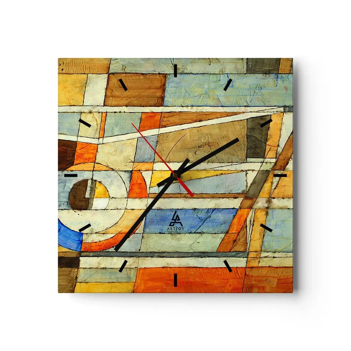 Horloge murale - Pendule murale - Abstraction géométrique dans les tons beige, bleu et orange - 30x30cm - Cubisme sur le chantier - Décoration murale moderne pour le salon et la chambre ARTTOR