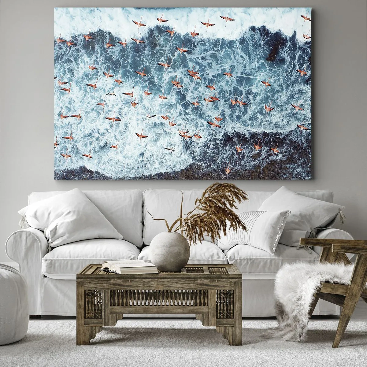 Impression sur toile - Image sur toile - Vue aérienne de flamants roses sur un océan bleu - 100x70cm - Défilé du bord de mer - Décoration murale moderne pour le salon et la chambre ARTTOR