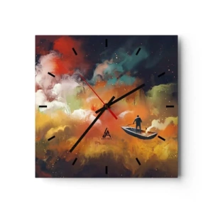 Horloge murale - Pendule murale - Une silhouette dans un bateau sur un fond de nuages colorés - 30x30cm - En bateau à travers la galaxie - Décoration murale moderne pour le salon et la chambre ARTTOR