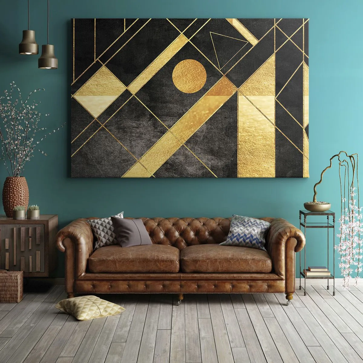 Impression sur toile - Image sur toile - Formes géométriques dans les tons or et noir - 100x70cm - Soleil du désert - Décoration murale moderne pour le salon et la chambre ARTTOR