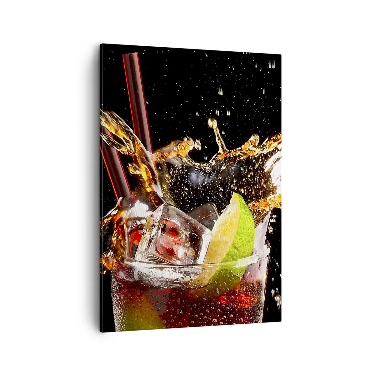 Impression sur toile - Image sur toile - Un verre de boisson, citron vert et glace au moment des éclaboussures dynamiques - 50x70cm - Joie et énergie des couleurs - Décoration murale moderne pour le salon et la chambre ARTTOR