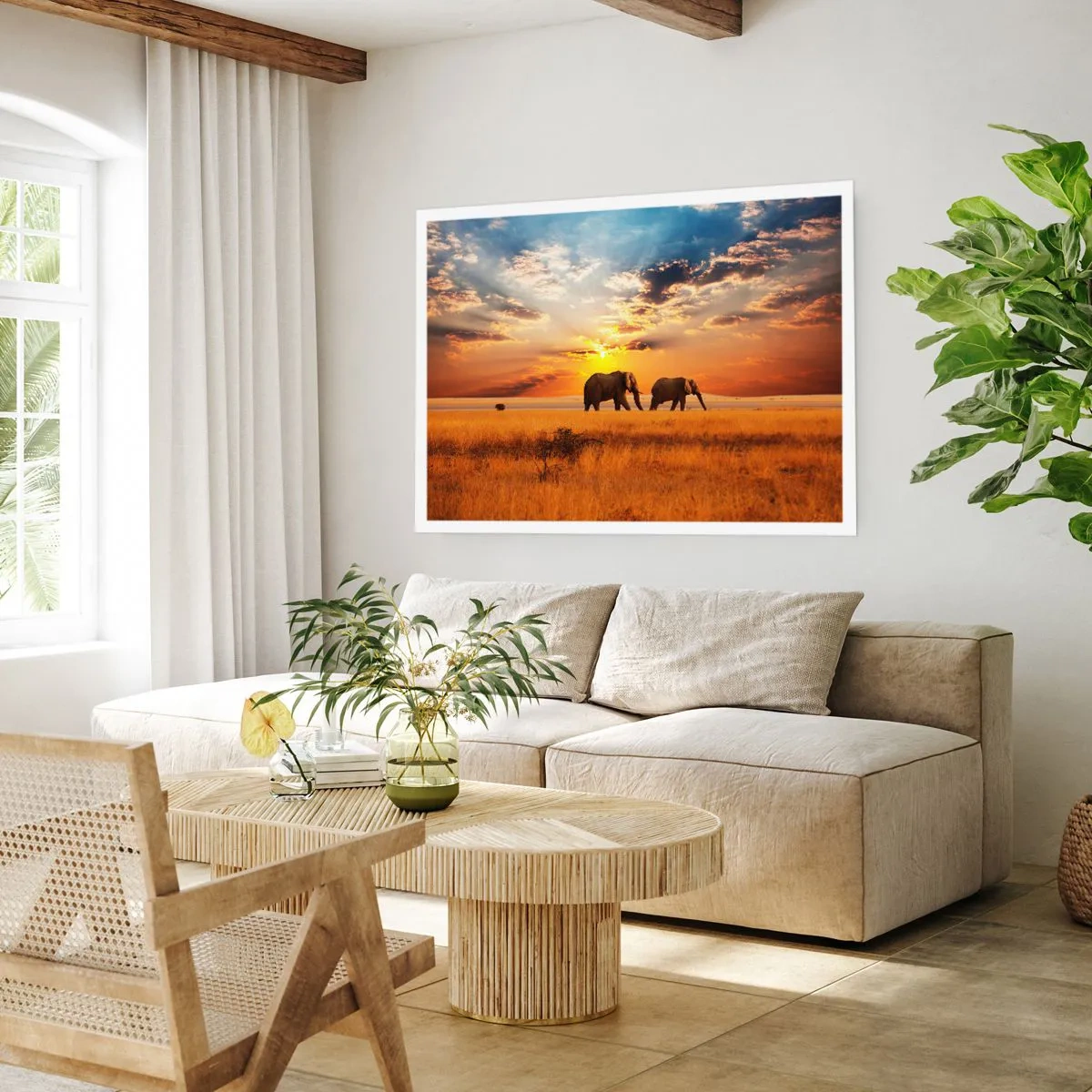 Affiche - Poster - Éléphants dans la savane au coucher du soleil - 100x70cm - Déambulation familliale - Décoration murale moderne pour le salon et la chambre ARTTOR