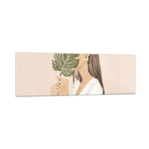 Impression sur verre - Image sur verre - Portrait d'une femme avec une feuille de monstera sur fond beige - 160x50cm - Portrait mystérieux avec un éventail - Décoration murale moderne pour le salon et la chambre ARTTOR