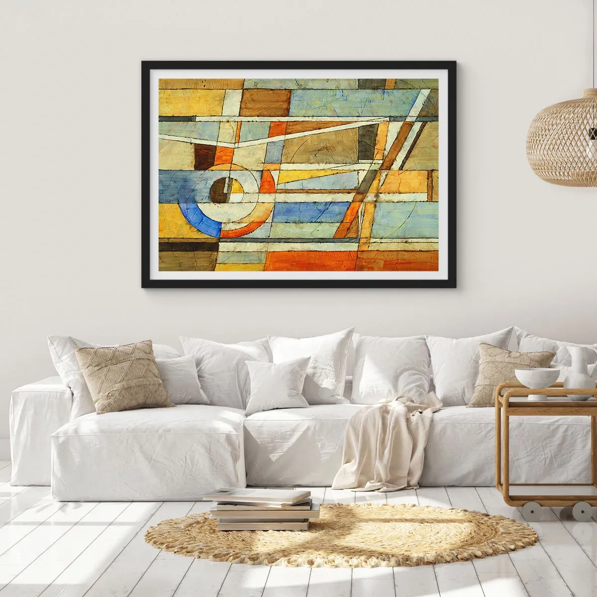 Affiche dans un cadre noir - Poster - Abstraction géométrique dans les tons beige, bleu et orange - 100x70cm - Cubisme sur le chantier - Décoration murale moderne pour le salon et la chambre ARTTOR
