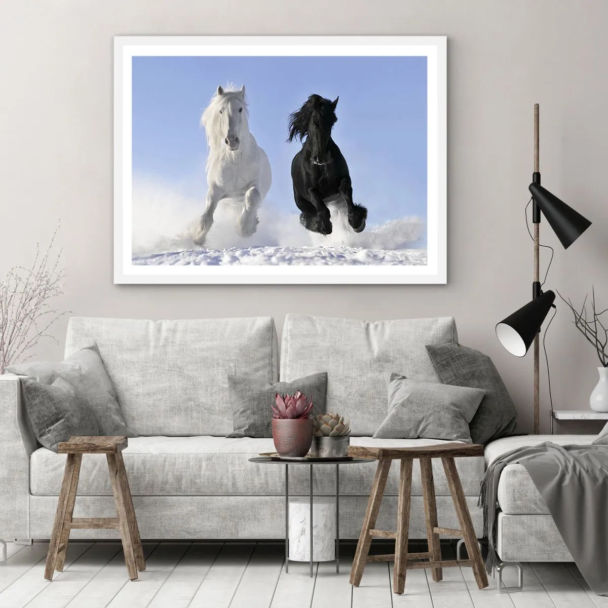 Affiche dans un cadre blanc - Poster - Galop noir et blanc - 40x30 cm