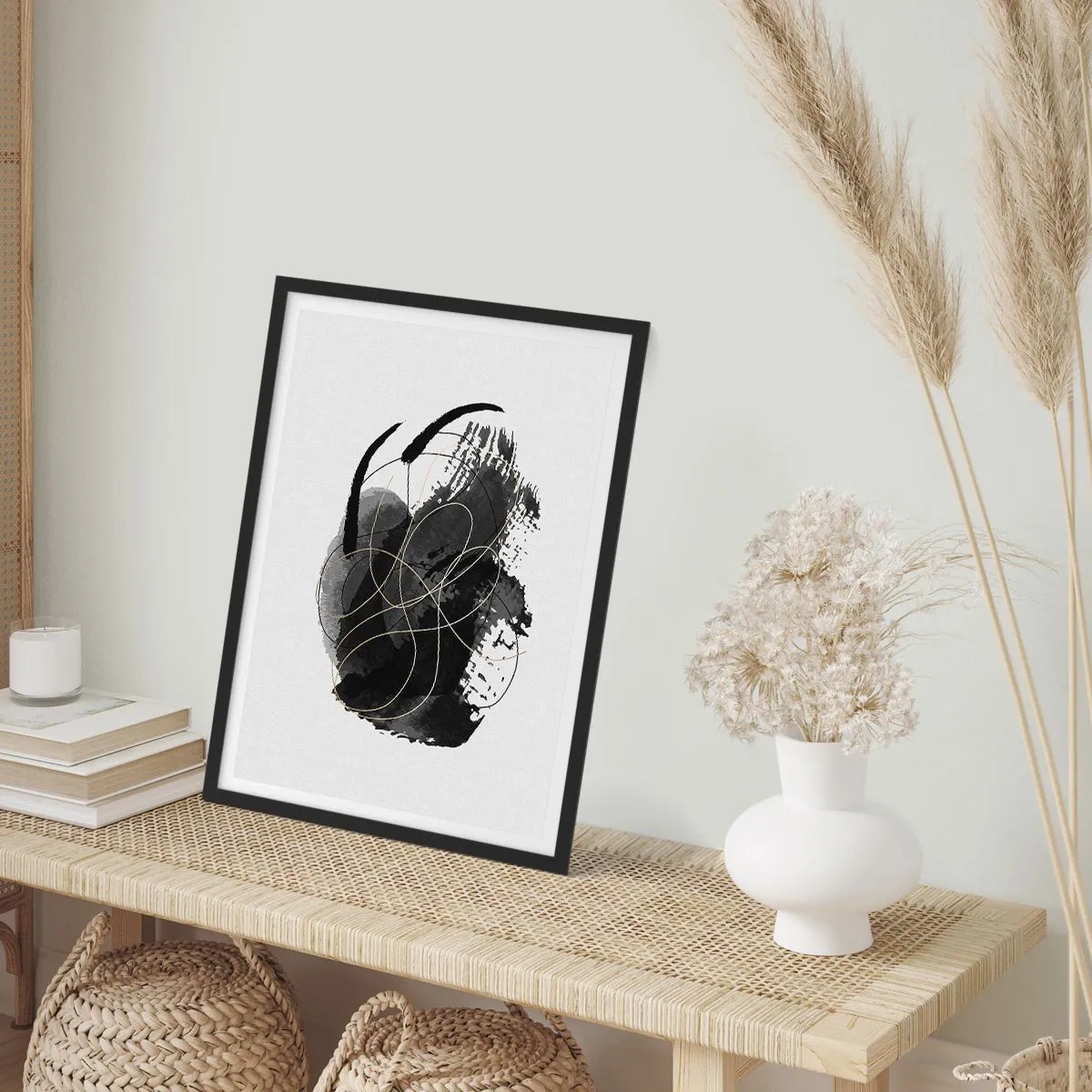 Affiche dans un cadre noir - Poster - Une composition abstraite en noir avec de délicates lignes dorées. - 50x70cm - Fait de noir - Décoration murale moderne pour le salon et la chambre ARTTOR