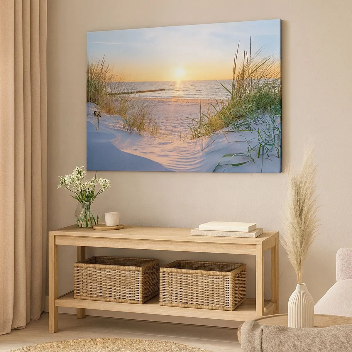 Impression sur toile - Image sur toile - Une plage de sable avec vue sur le coucher de soleil sur la mer - 70x50cm - Le bruit de la mer, le chant des oiseaux, une plage sauvage parmi les herbes…
