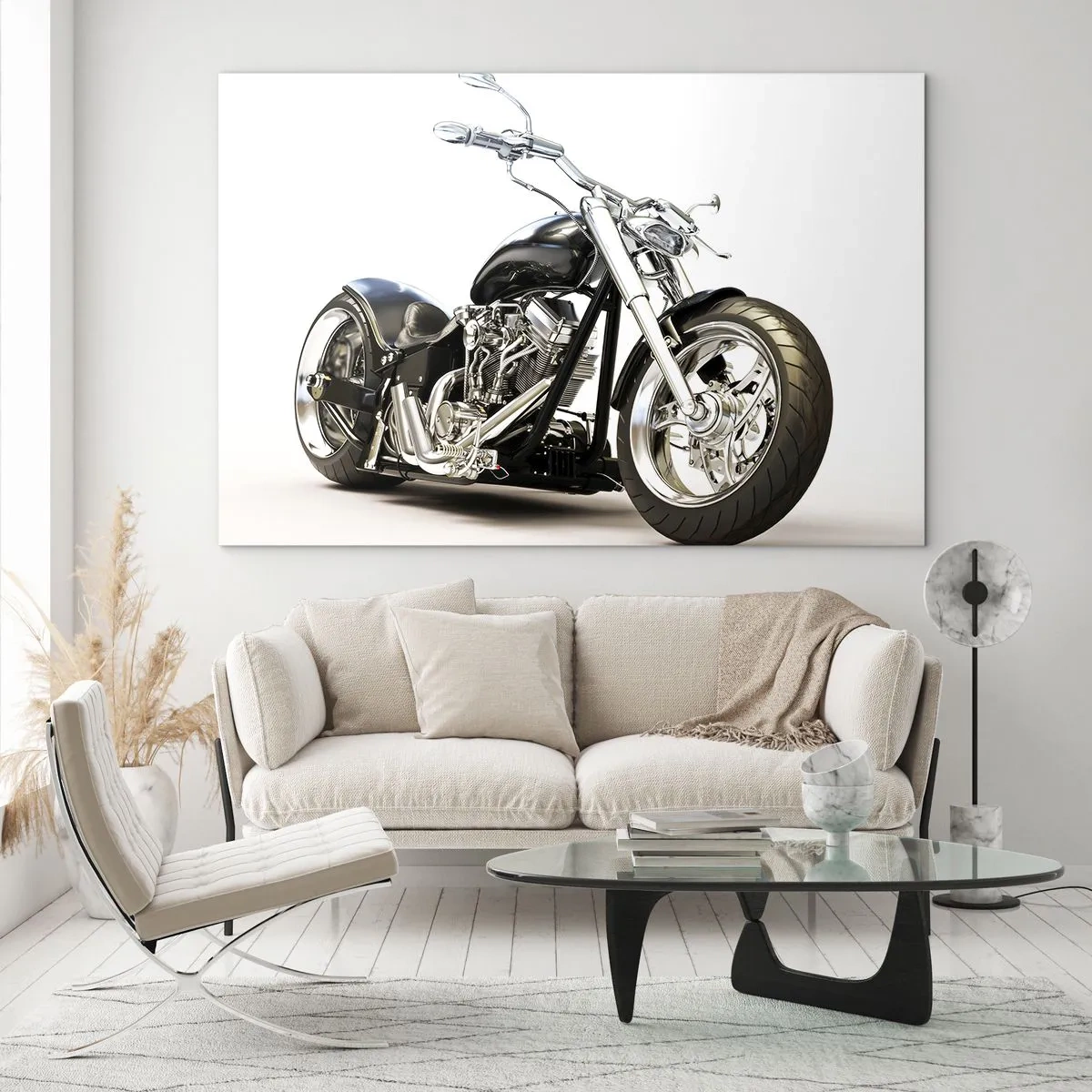 Impression sur verre - Image sur verre - Une moto chopper noire sur fond clair - 70x50cm - Force de caractère - Décoration murale moderne pour le salon et la chambre ARTTOR