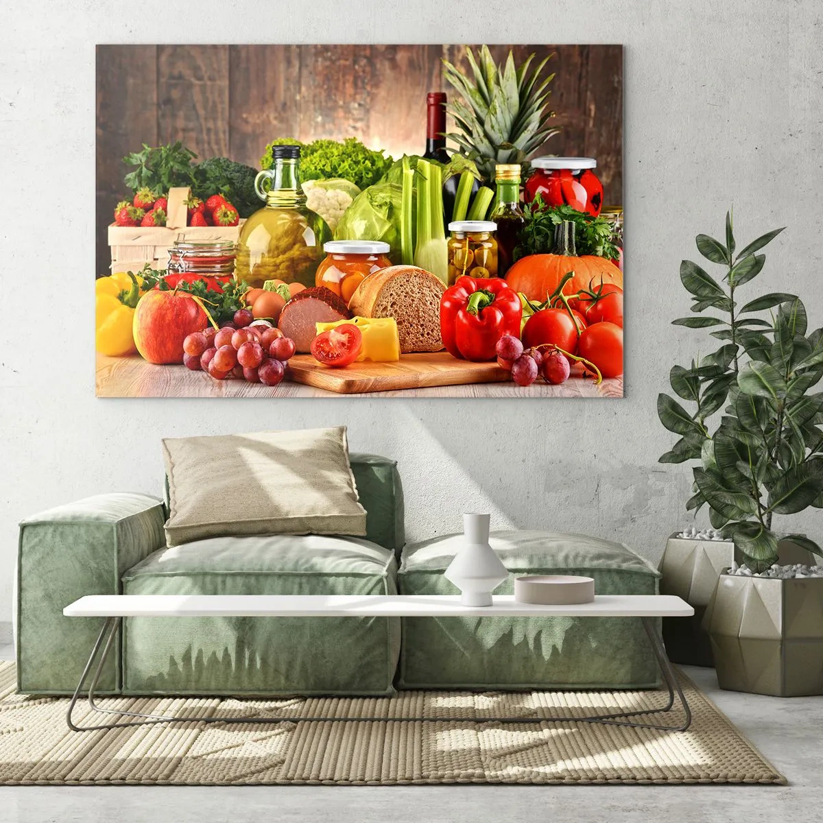 Impression sur verre - Image sur verre - Légumes colorés, fruits, pain et conserves sur un fond en bois - 70x50cm - Fumé, cuit au four et mariné - Décoration murale moderne pour le salon et la chambre ARTTOR